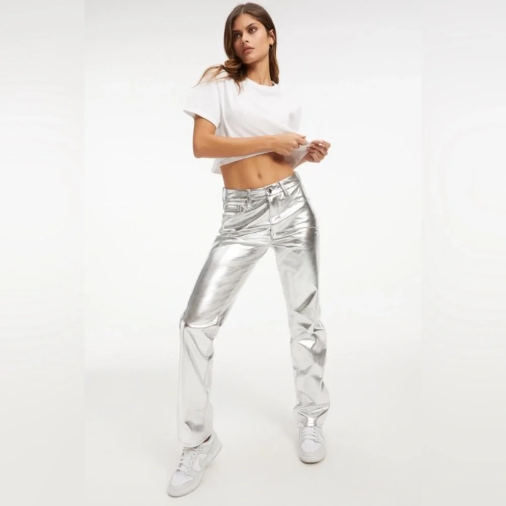 New! Good American good icon silver faux leather Metallic pants 20267